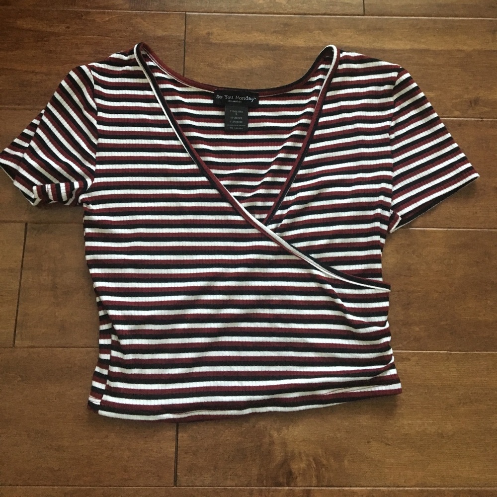 Red/Black/White Striped Wrap Top